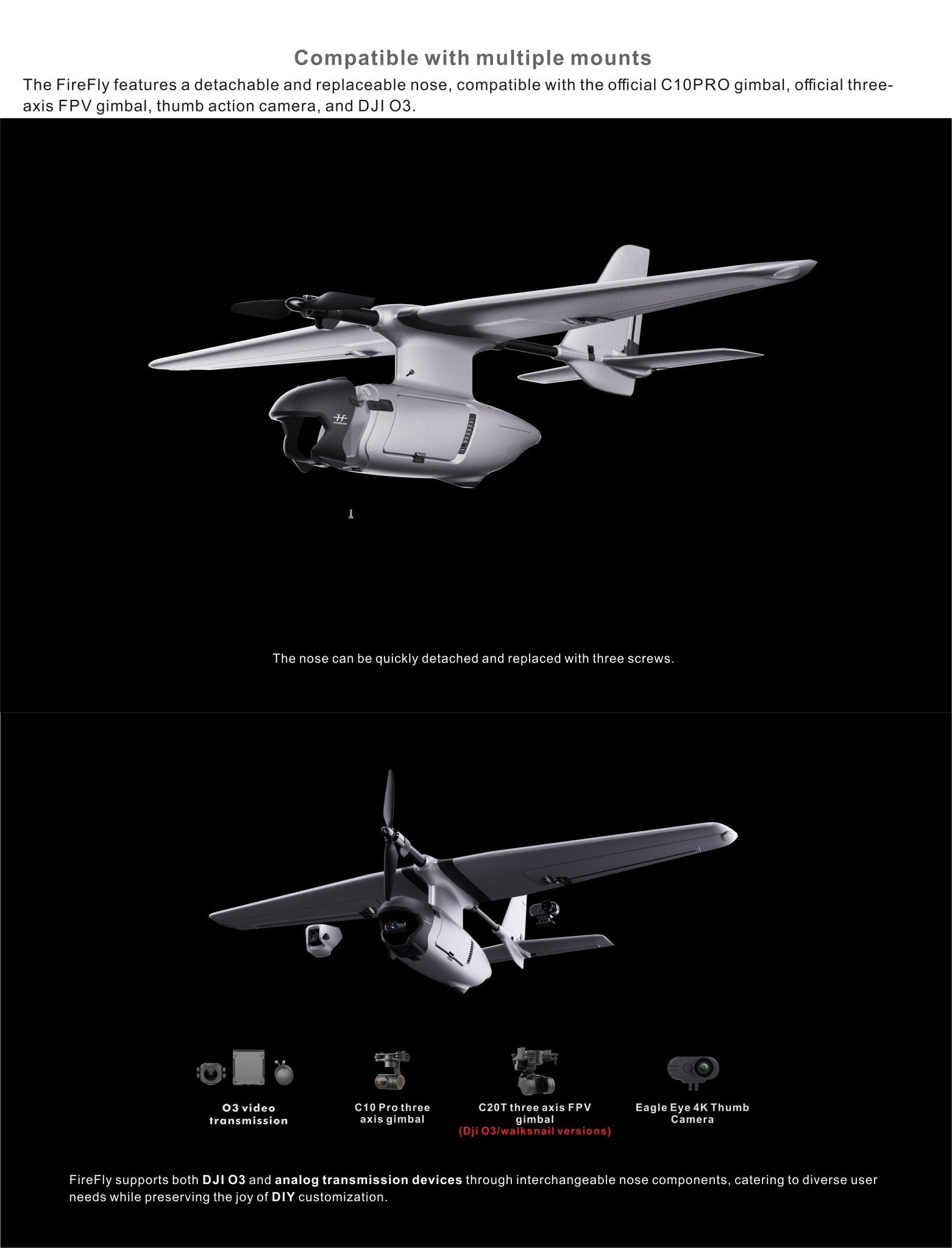 HAOHAN Firefly Modular & Multi-Mount FPV Patrol Drone Support VTOL 108 ...